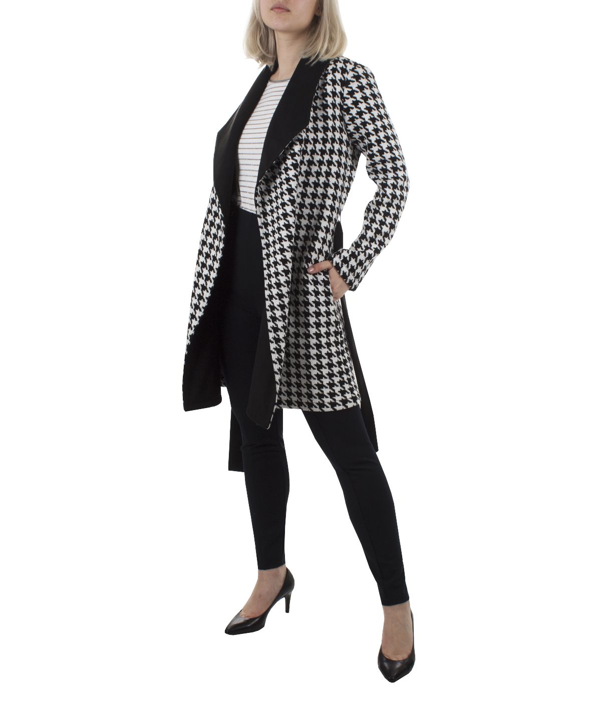 Acrylic wrap-around jacket with contrasting belt and lapel and houndstooth print 2